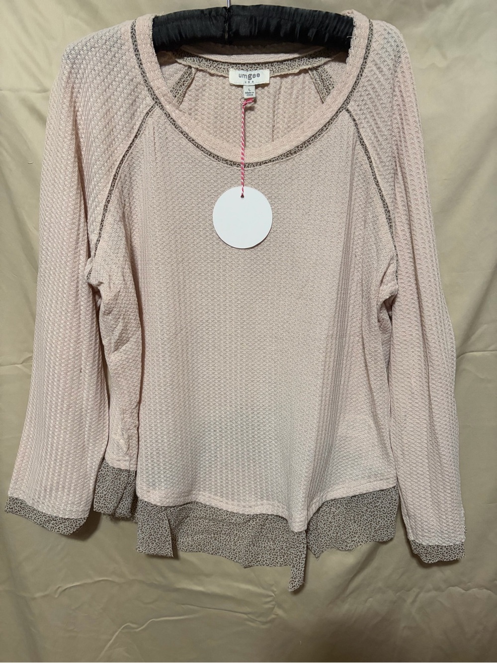 Umgee Blush Waffle Knit Long Sleeve Tunic with Printed Trim